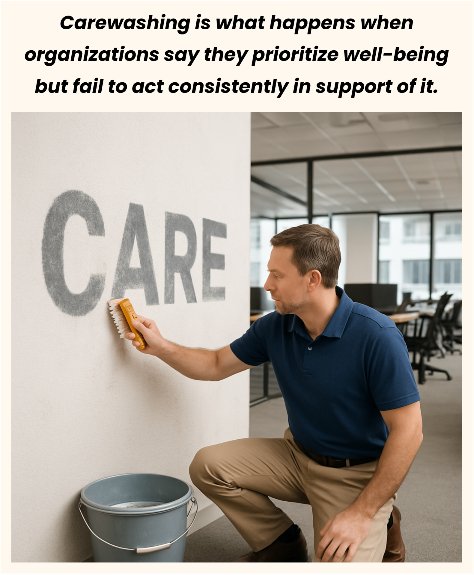 Man scrubbing word 'CARE' on office wall, illustrating carewashing concept