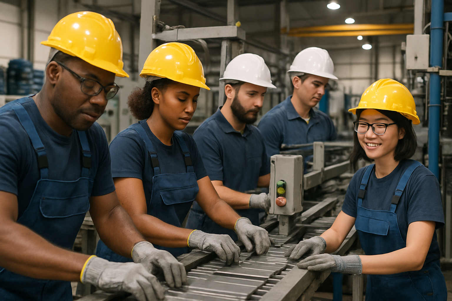 Manufacturing workers in safety helmets collaborating and reviewing production plans on busy warehouse floor