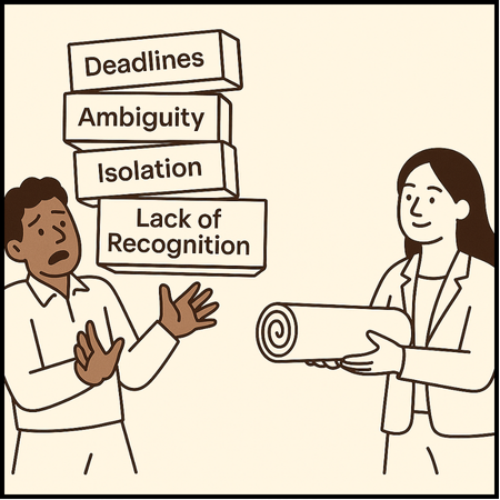 Illustration showing workplace stress factors including deadlines, ambiguity, isolation, and lack of recognition with two people in conversation