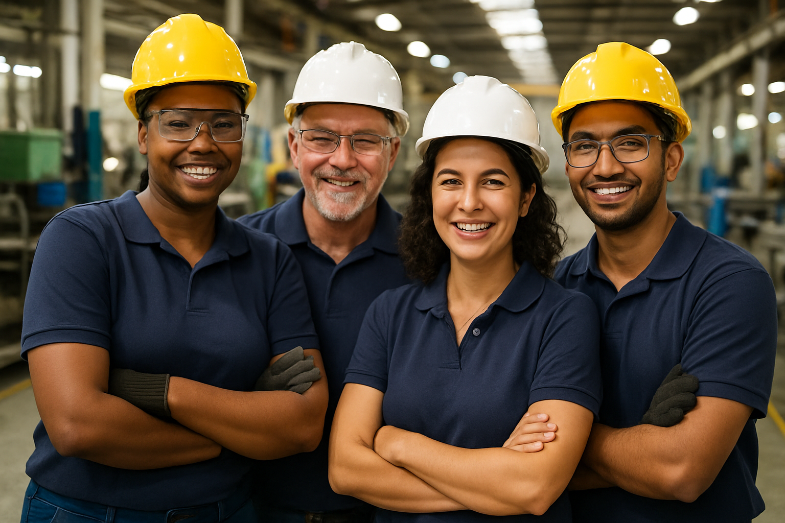 Diverse team of happy warehouse workers in safety vests smiling and collaborating, representing positive workplace culture and employee engagement