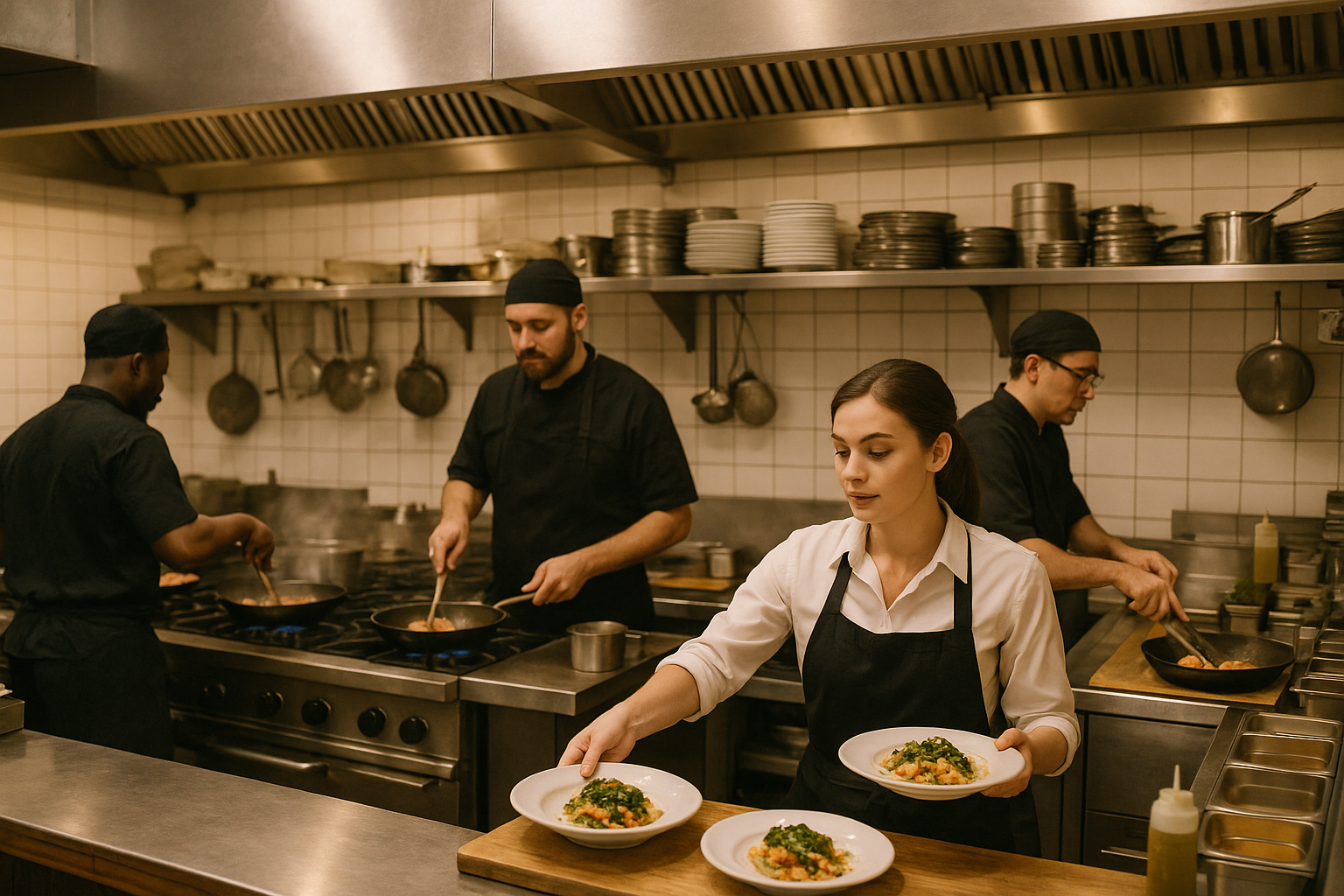 Busy restaurant kitchen with professional chefs and cooks working together during dinner service, showcasing high-stress frontline work environment