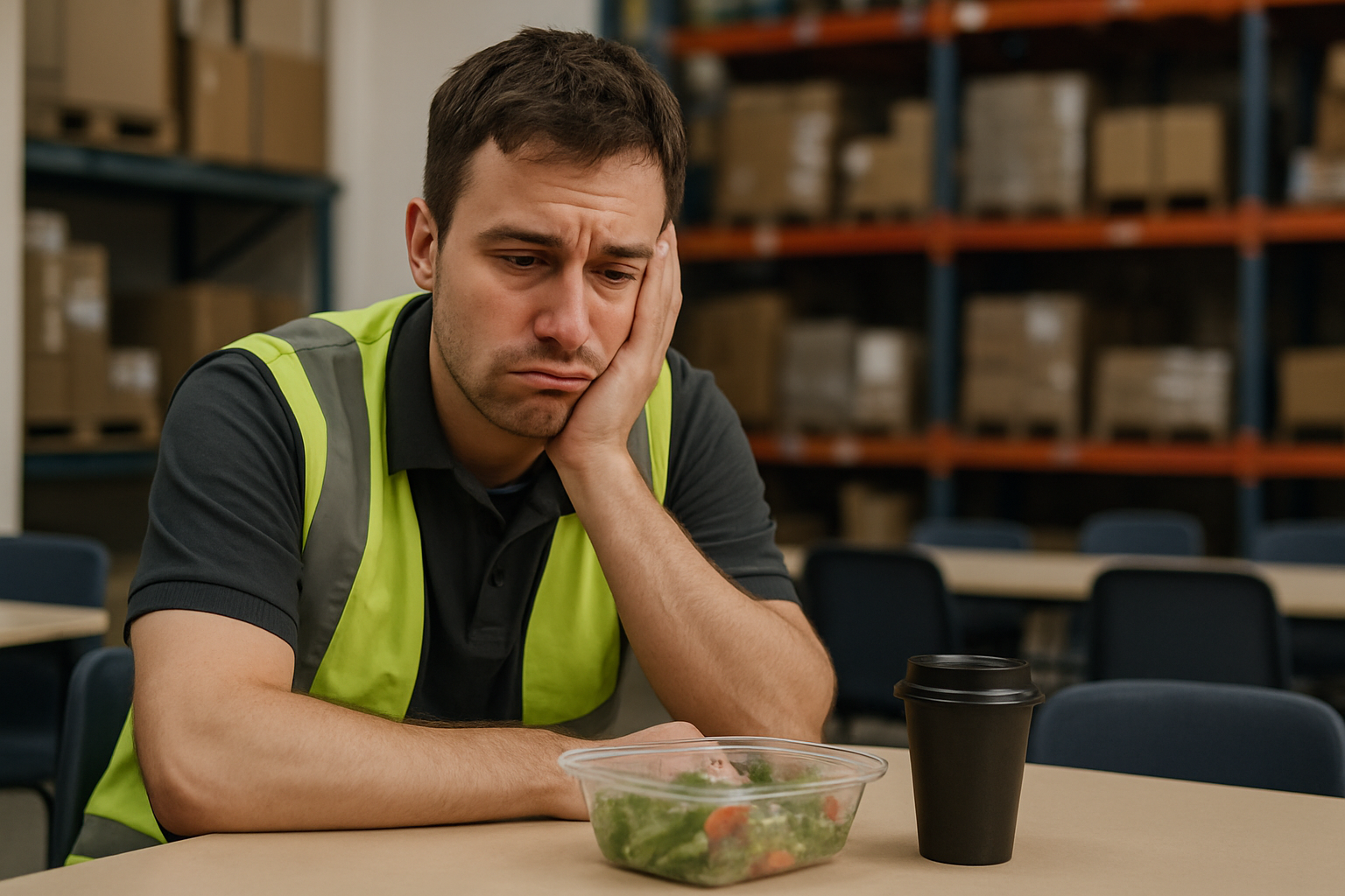 Overwhelmed warehouse worker sitting alone looking stressed and exhausted, highlighting the need for workplace mental health support