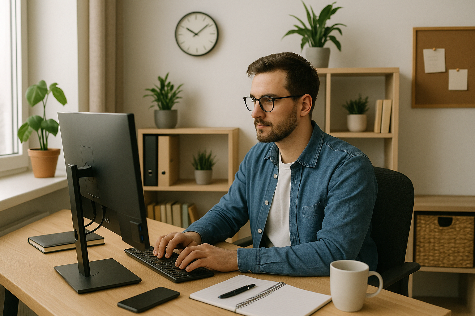 Professional remote worker focused on laptop in comfortable home office setup with plants and natural lighting
