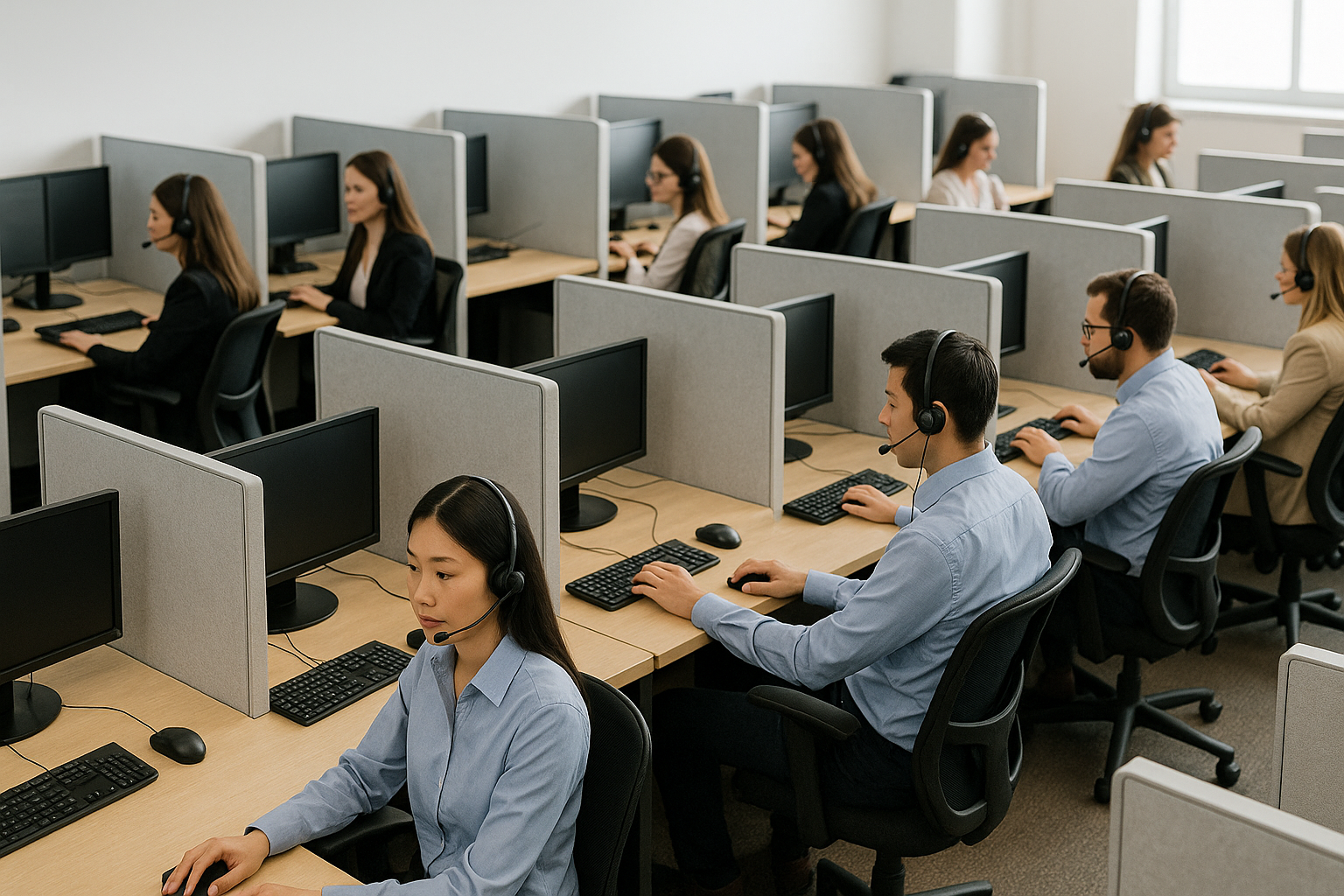 Diverse call center team wearing headsets working at computers in modern open office, representing customer service professionals