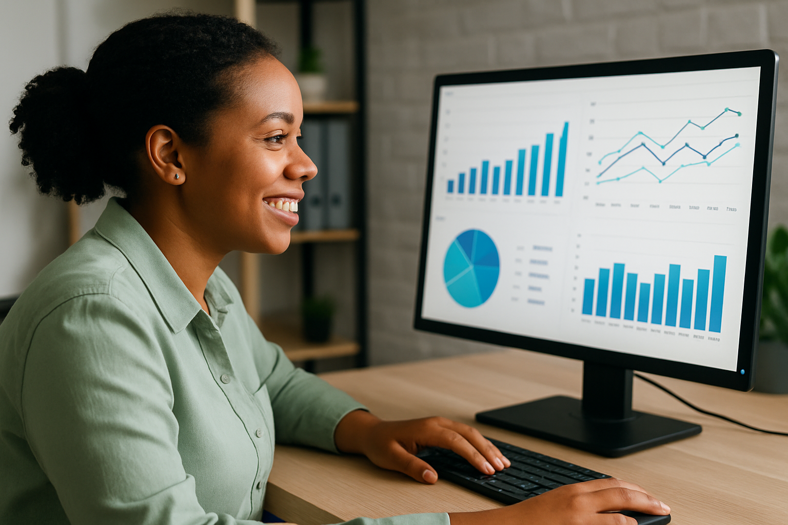 Professional woman viewing workplace analytics and employee wellness data on modern dashboard interface, showing real-time insights