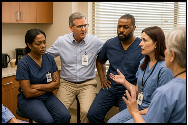 Healthcare supervisors and frontline workers in team discussion