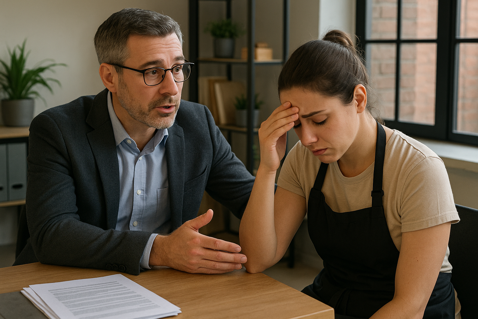Manager having supportive one-on-one conversation with employee, demonstrating empathetic leadership and workplace mentoring