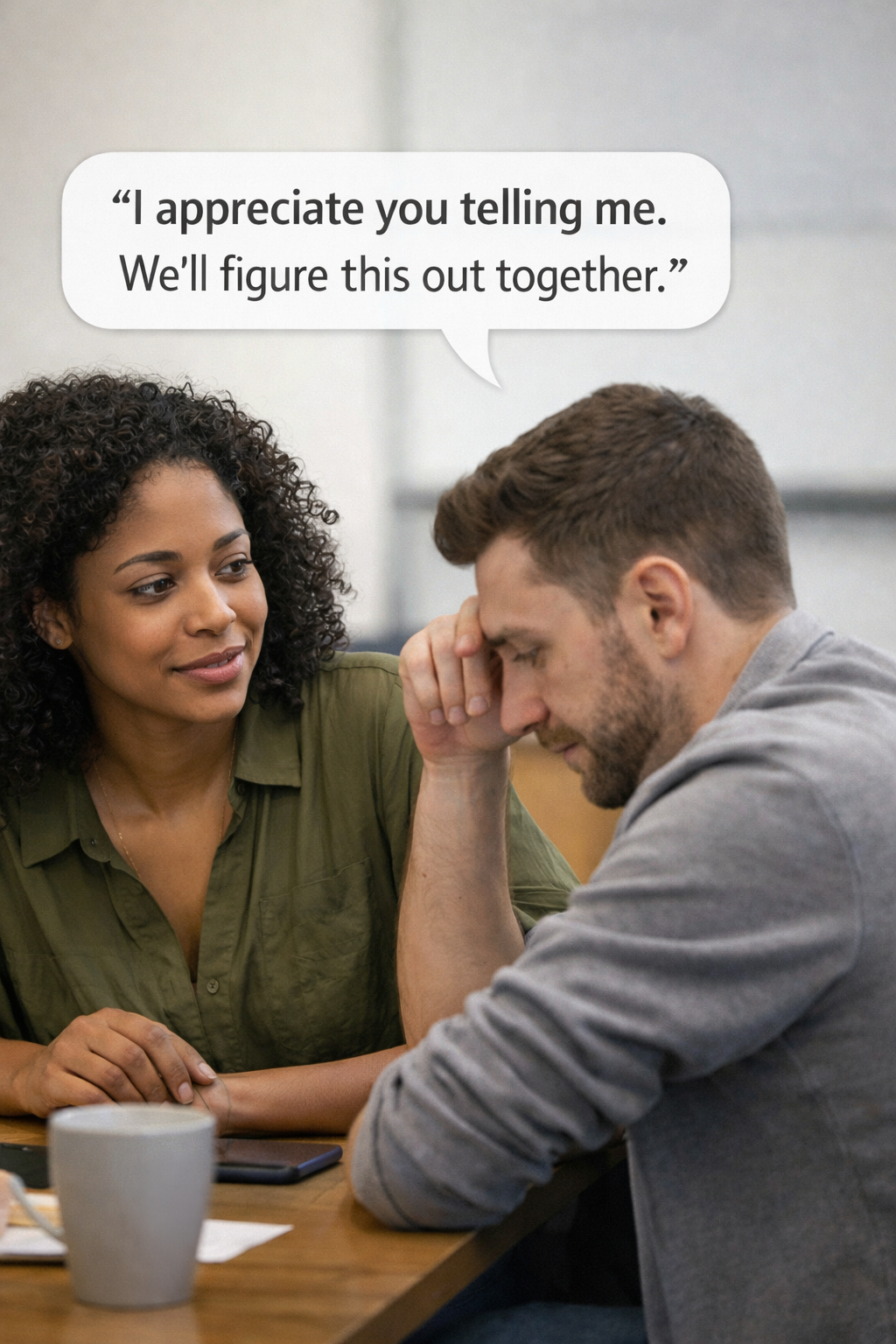 Manager saying 'I appreciate you telling me. We'll figure this out together.'