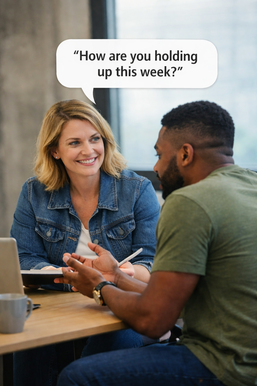 Manager asking 'How are you holding up this week?' during a check-in