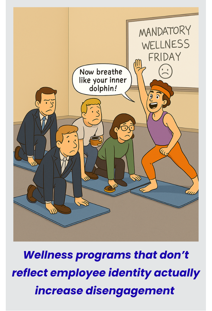 Cartoon showing mandatory wellness Friday with office workers reluctantly doing yoga - illustrating wellness programs that don't reflect employee identity