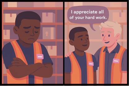 Workplace recognition - supervisor appreciating workers saying 'I appreciate all of your hard work'